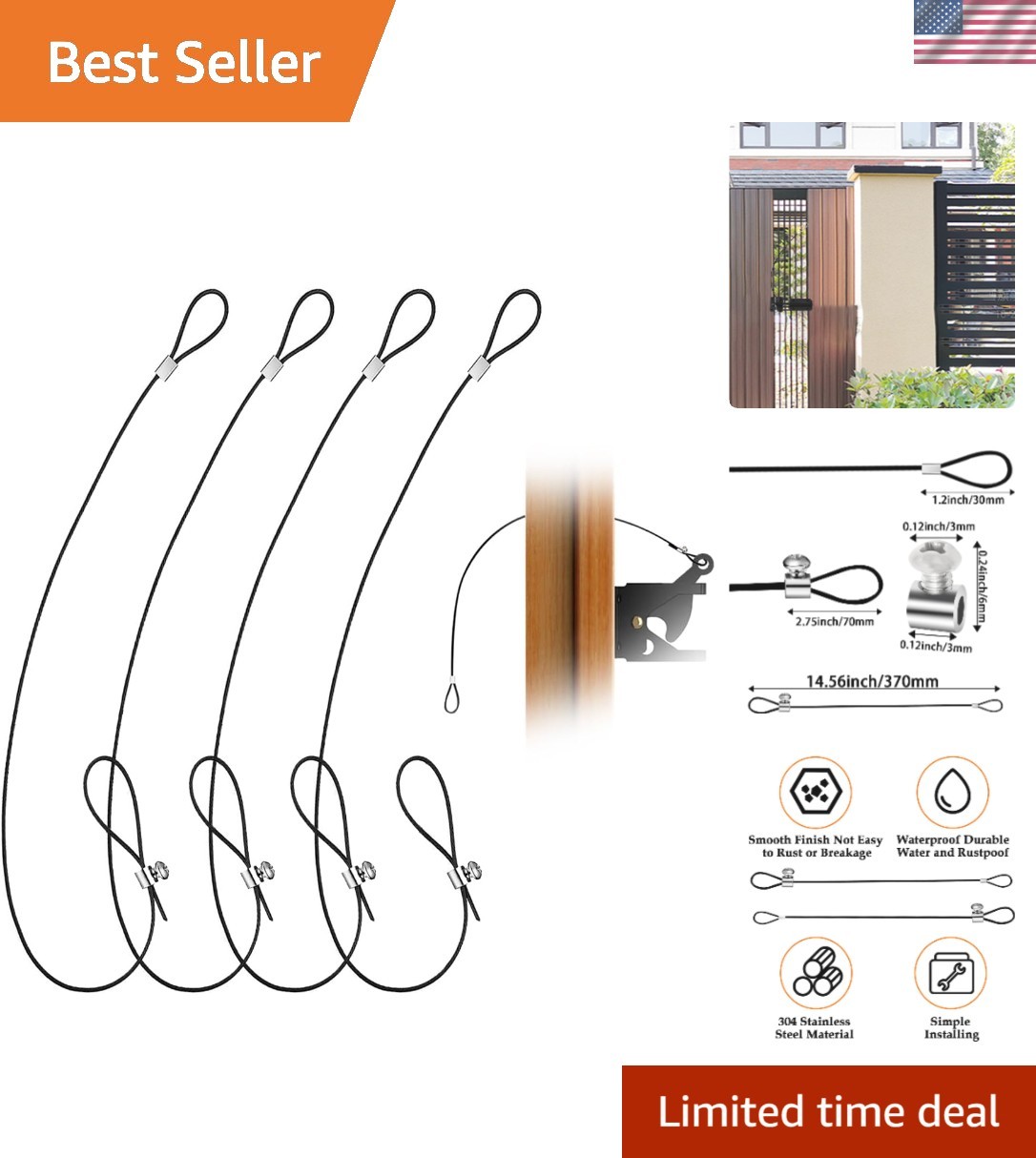 4-Pack Corrosion-Resistant Stainless Steel Gate Latch Pull Cords - 19 Inch