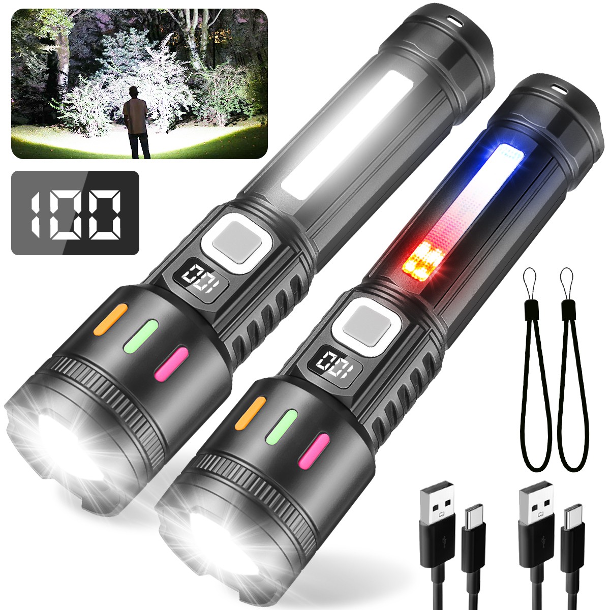 2Pack 99000000lm Tactical Flashlight Super Bright Rechargeable LED Work Lights