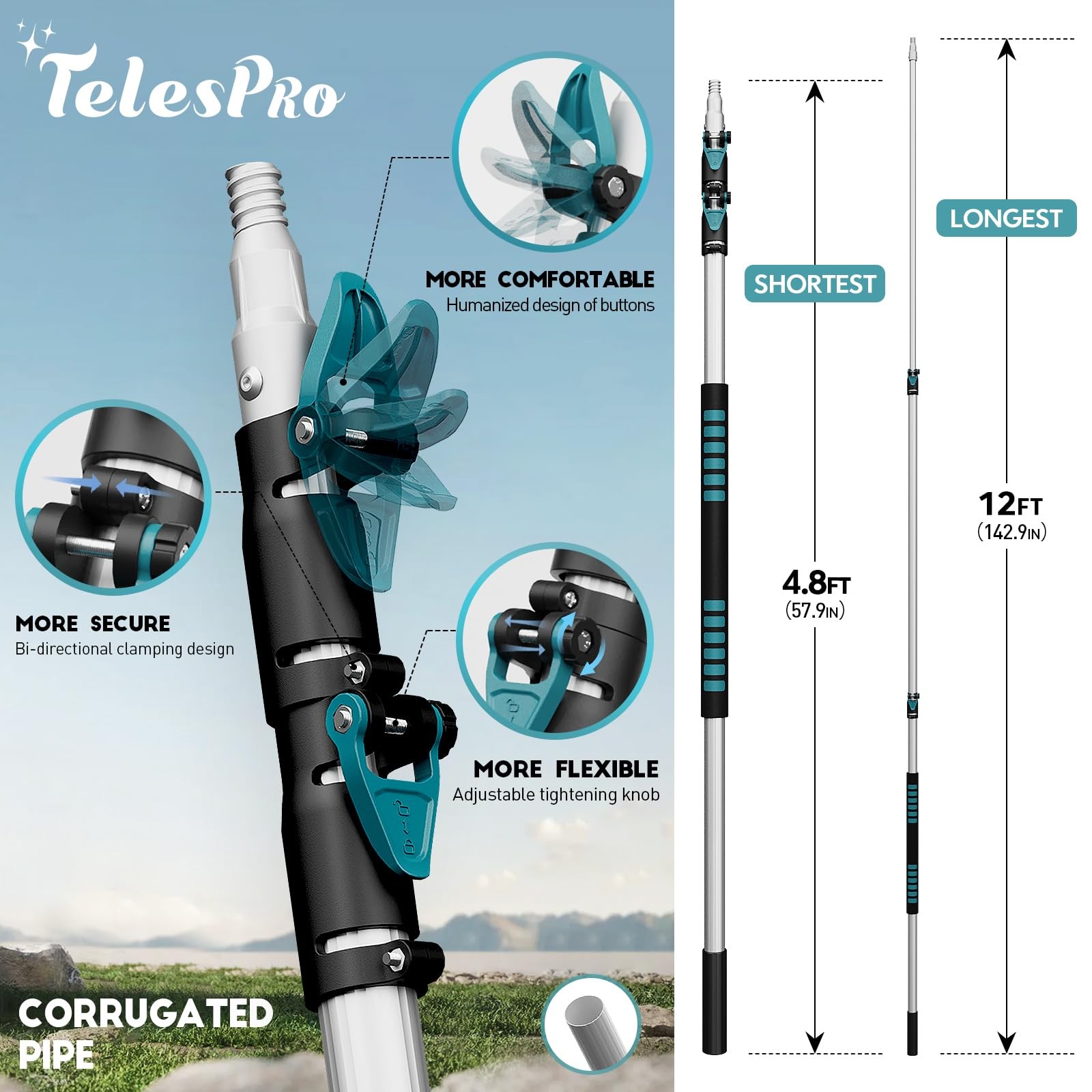 Extendable Tree Trimmer Manual Pole Saw 5-12ft Telescoping Pruning Pole