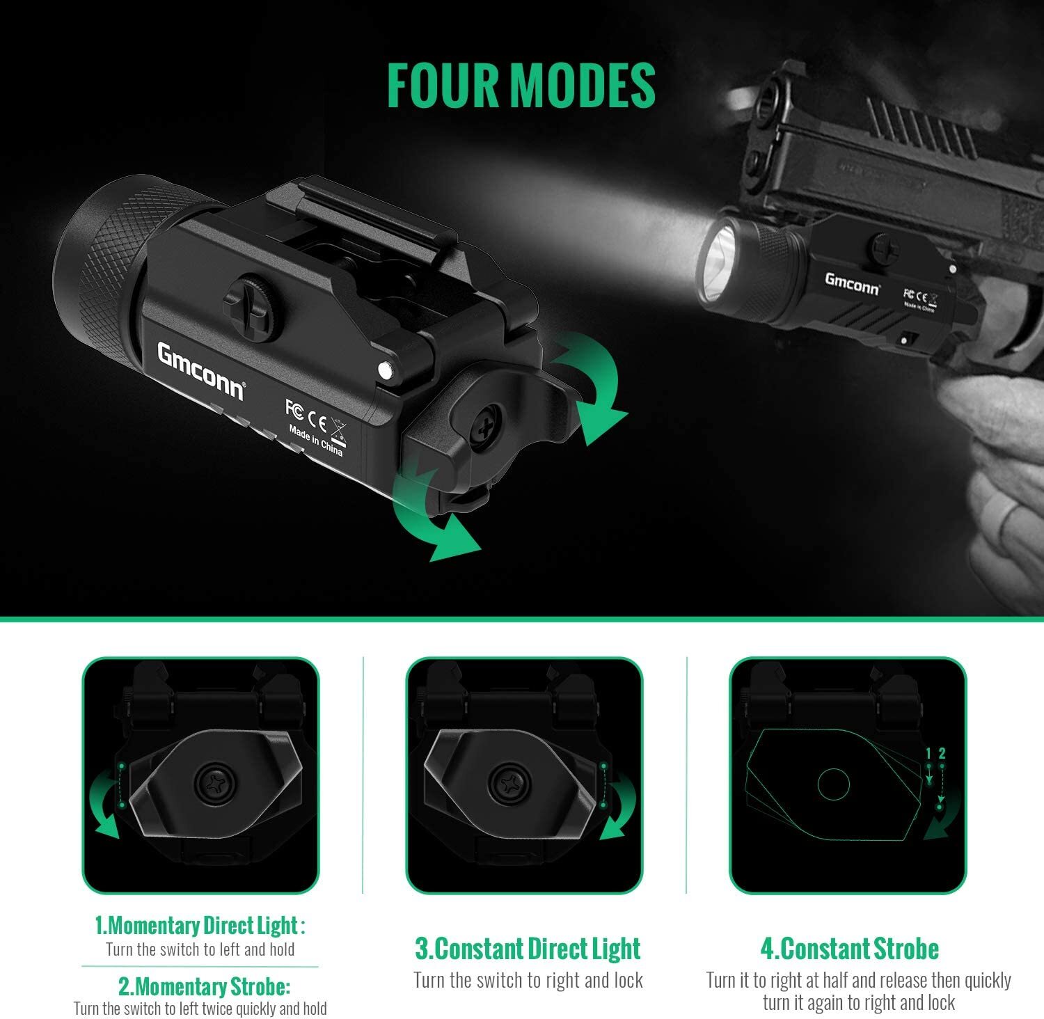 Gmconn Pistol Tactical Flashlight Hand Gun LED Strobe Light Picatinny Mounted
