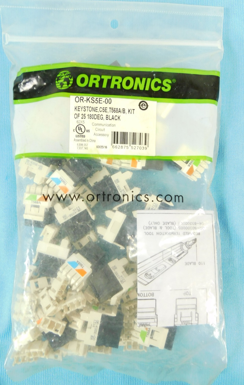 Ortronics OR-KS5E-00 TechChoice Cat5e Keystone Jack, Black, PACK OF 25