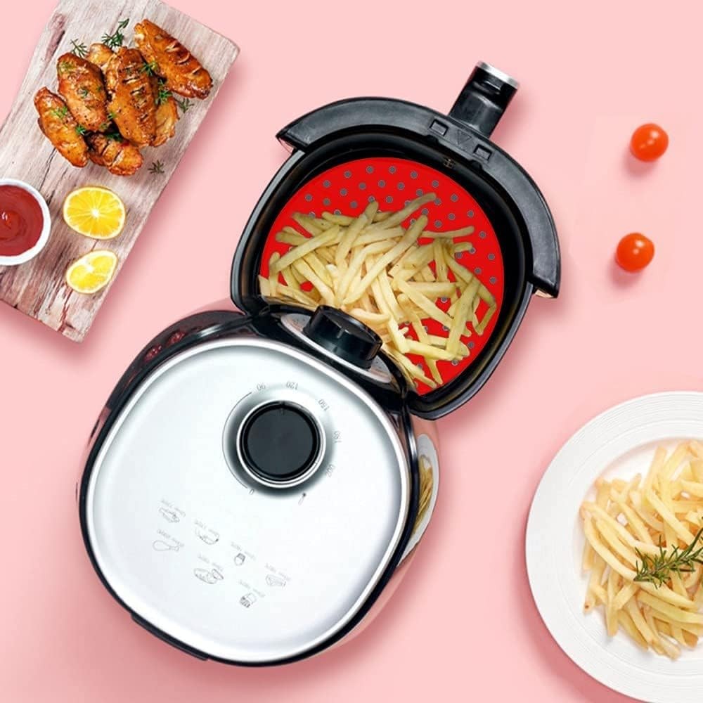 Reusable Air Fryer Silicone Liners 2-Packs, 8 Inch Round 8 inch, Black/Red