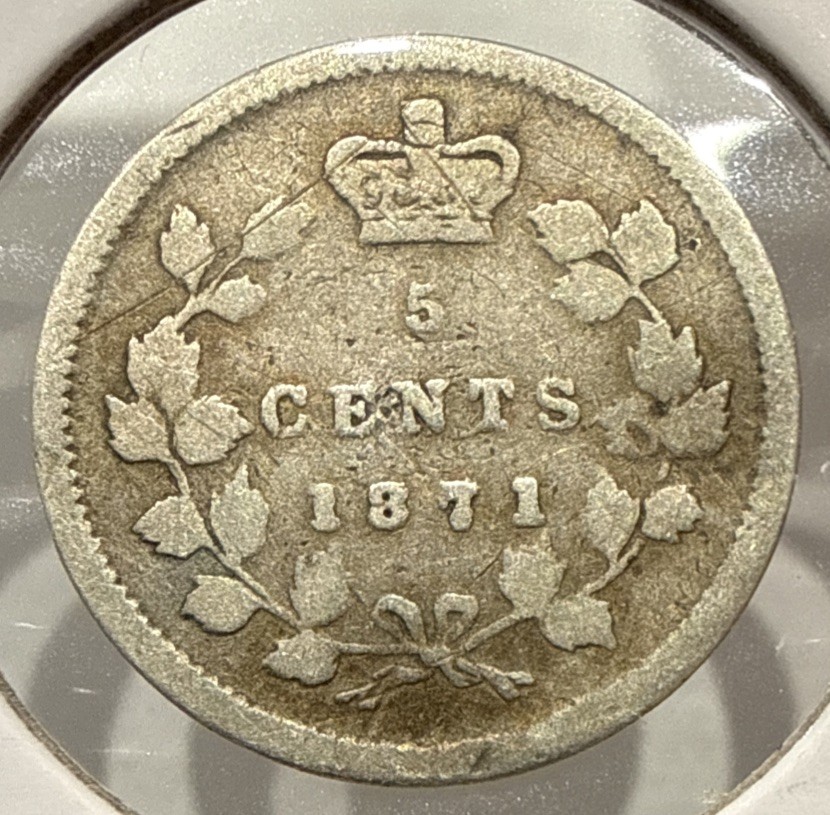 1871 5 Cents Canada Silver 5C Coin Queen Victoria Silver Fish Scale (F387)
