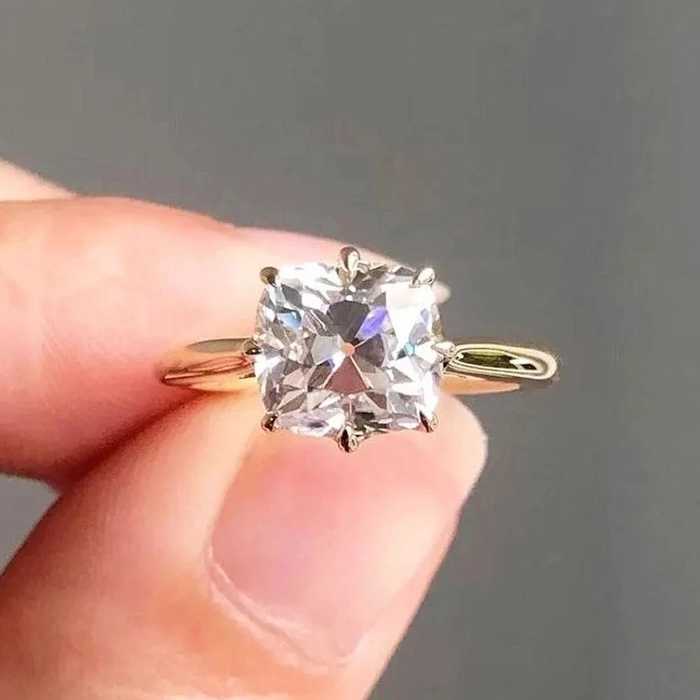 3CT Cushion-Cut Lab Created Solitaire Engagement Ring 14K Yellow Gold Plated