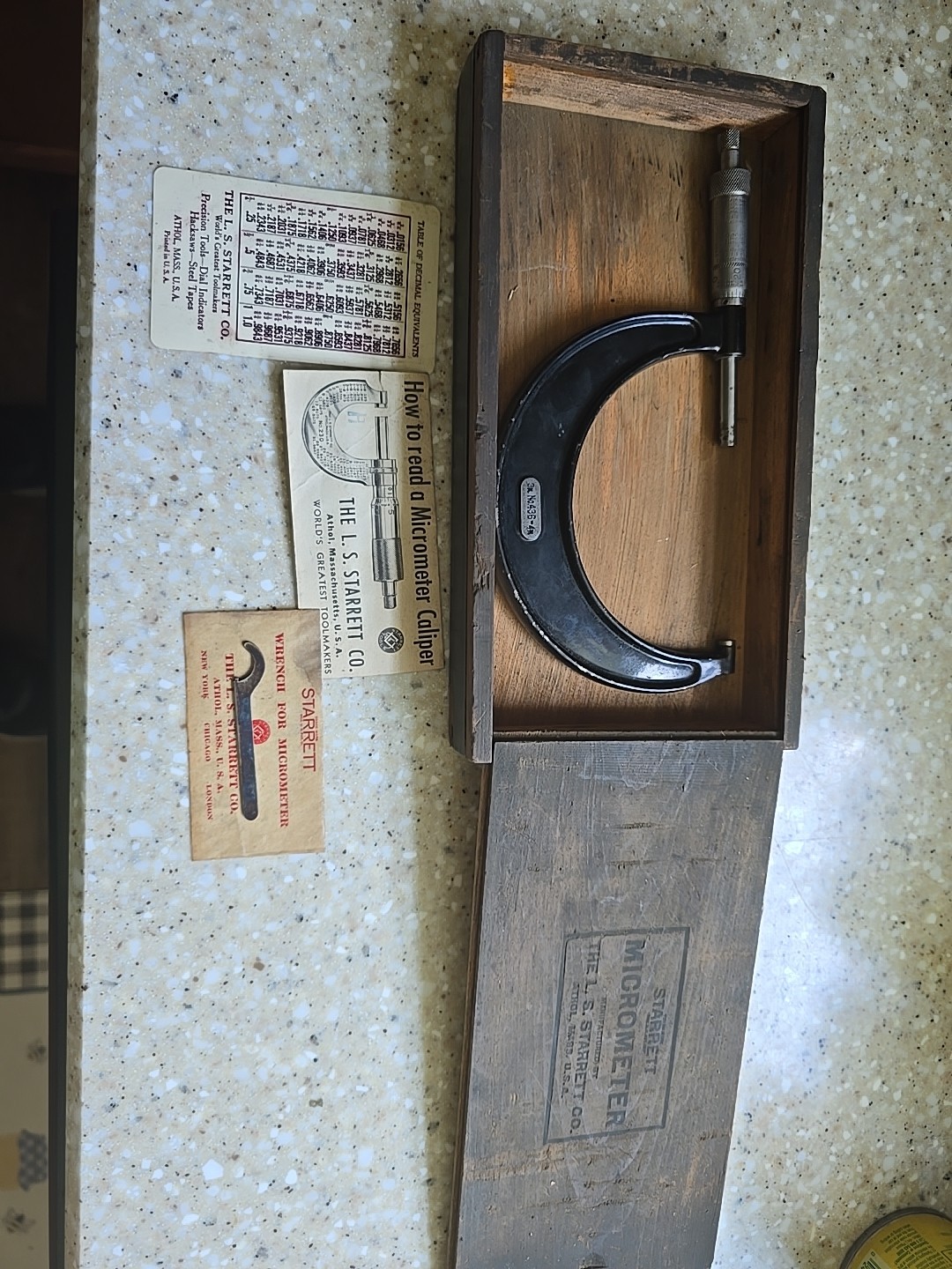 Vintage Starrett No 436 3-4” Micrometer .001, Wooden Box With Wrench And Papers