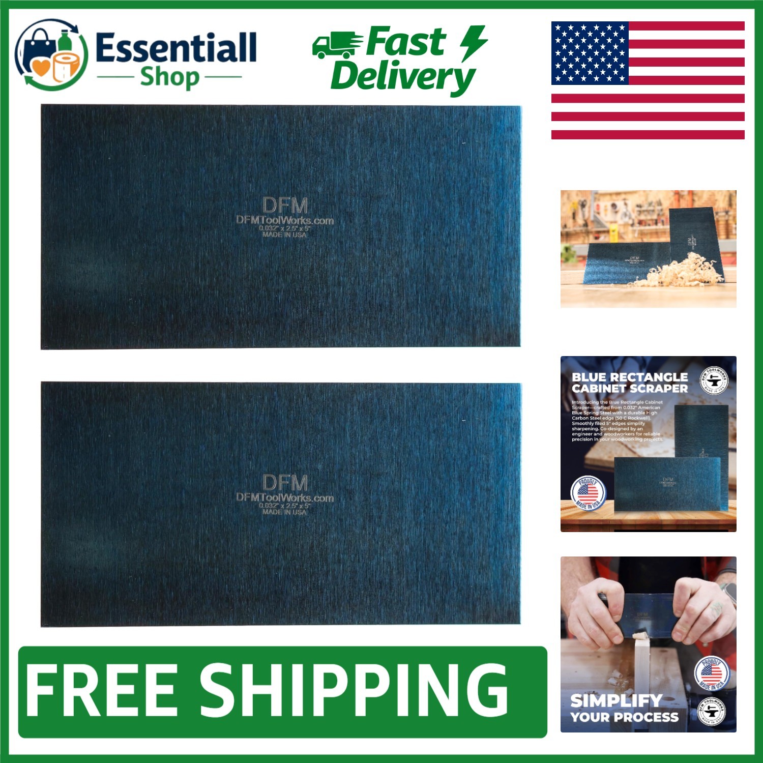 Precision Rectangular Card Scraper Set - 2 High Carbon Steel Tools in Blue