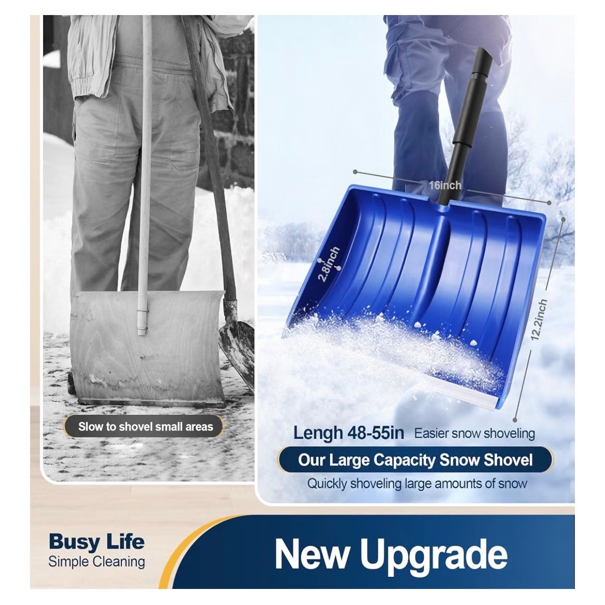 Large Capacity Snow Shovel with Adjustable Handle – 16" Wide Blade