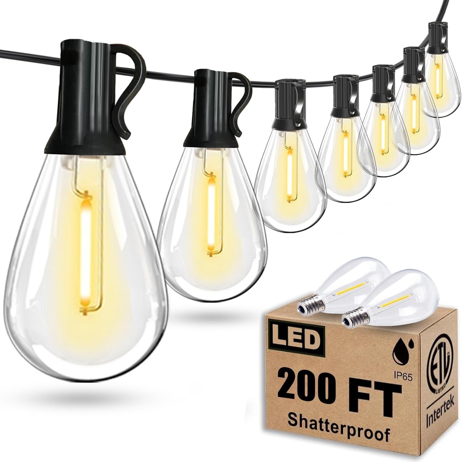 200FT Outdoor String Lights, Ultra Long Waterproof 60+2 Edison Shatterproof B...