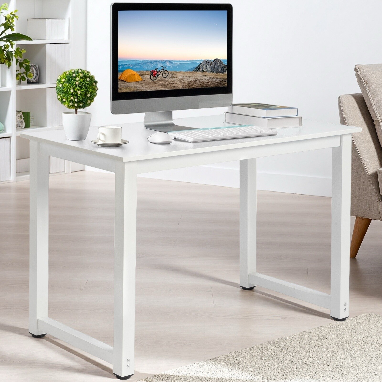 Simple Computer Desk - Portable, White, Steel White Frame & Adjustable Foot Pad