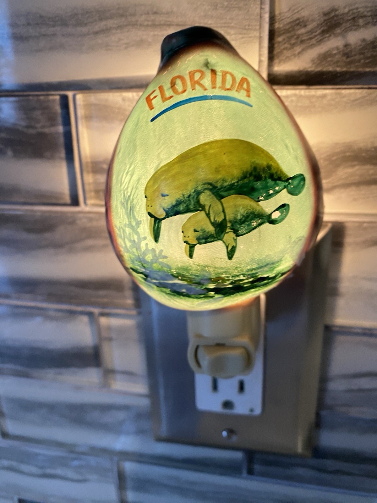 Handpainted Cowrie Shell Night Light Florida Manatees