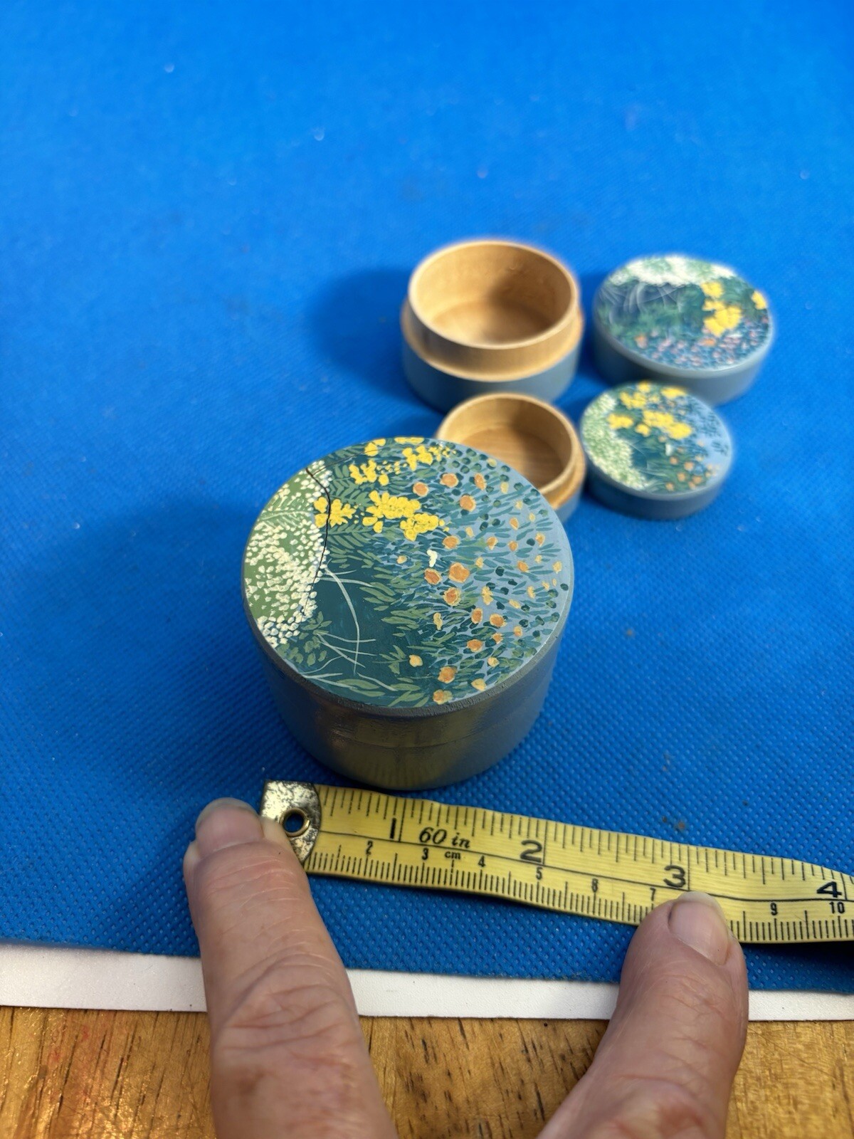 Nesting Trinket Boxes Blue Wood Floral 3 Boxes Small 2 1/2”