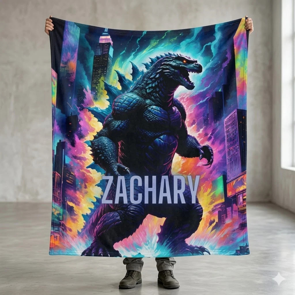 Personalized Monster Flannel Blanket – Psychedelic Kaiju Art Throw