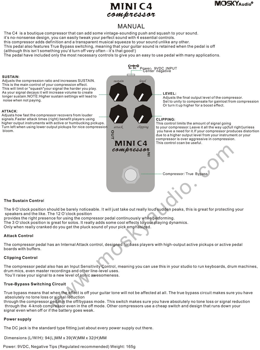 MOSKYAudio Mini C4 Compressor Guitar Effect Pedal True Bypass 4 Functional Knob