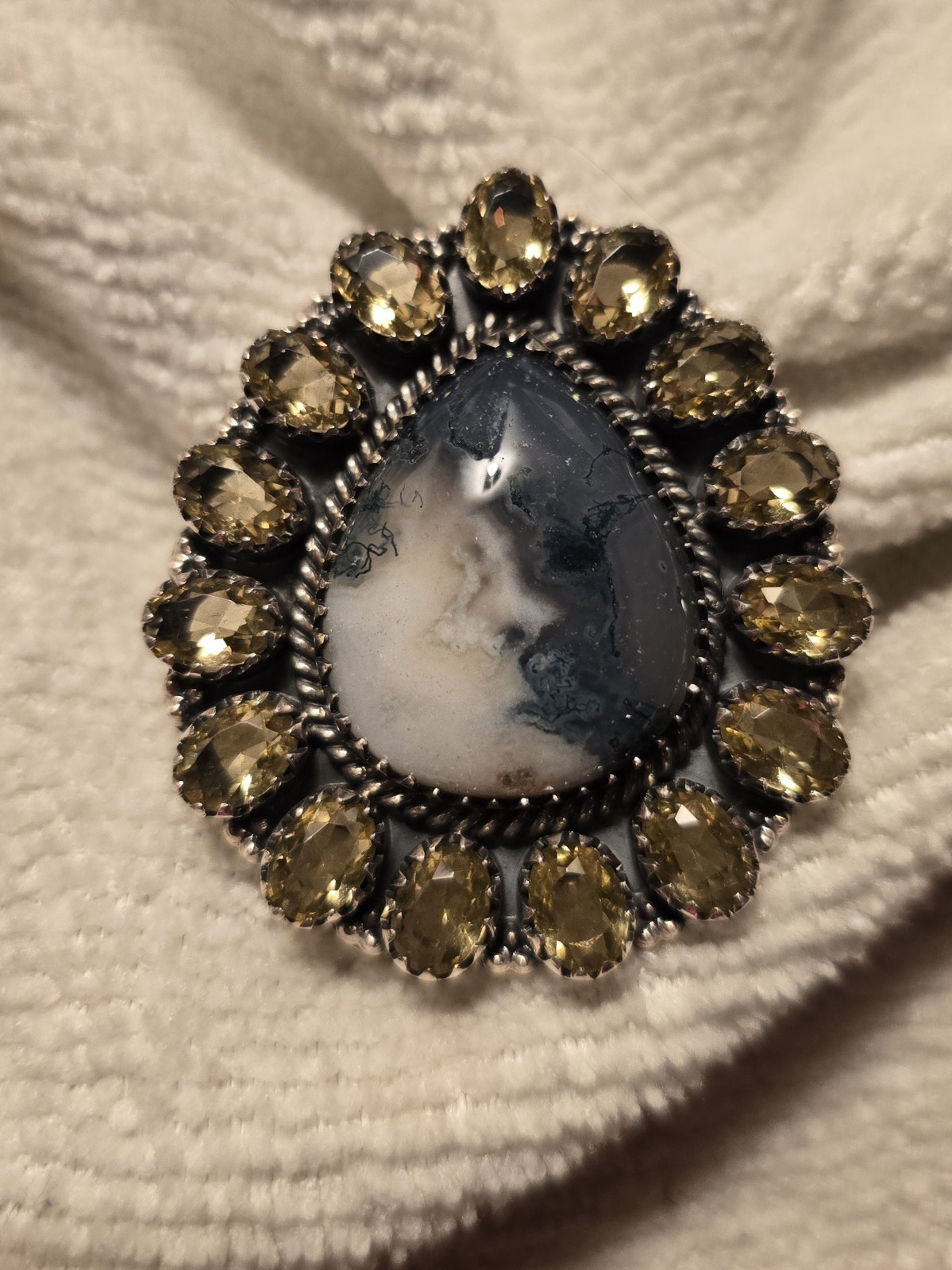 Large Natural Dendritic Opal & Citrine Sterling Silver Adjustable Ring