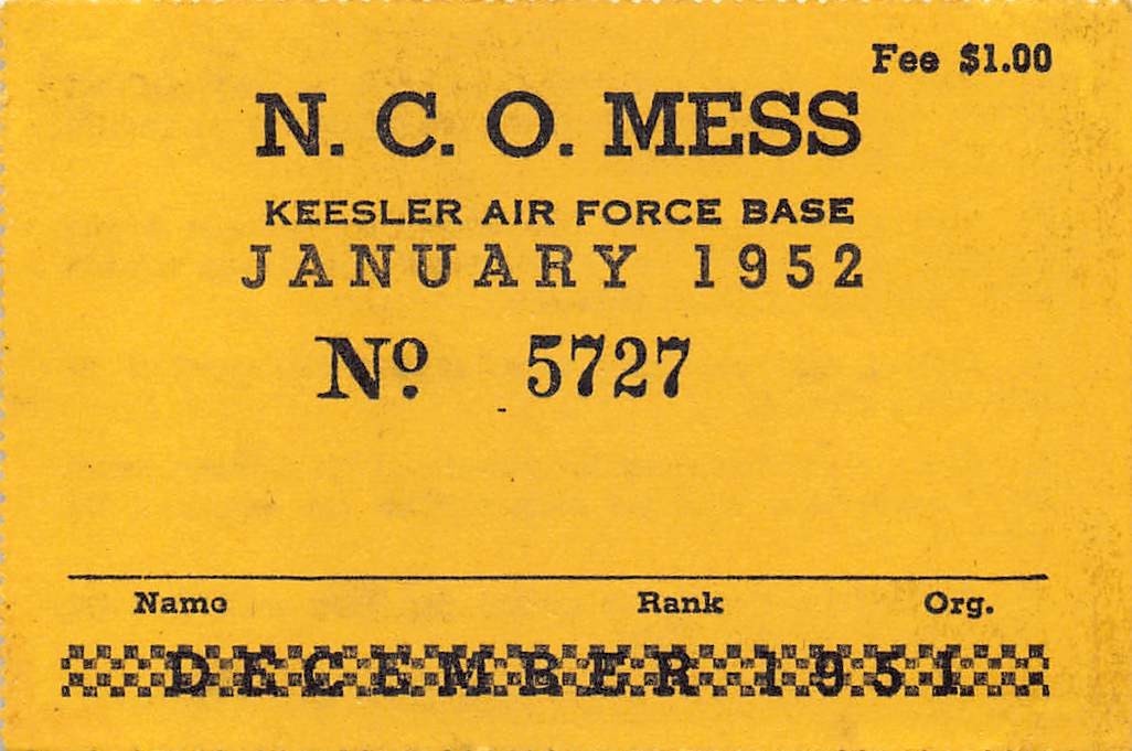 1952 Keesler Air Force Base NCO 1950s Mess Membership Card Biloxi Mississippi