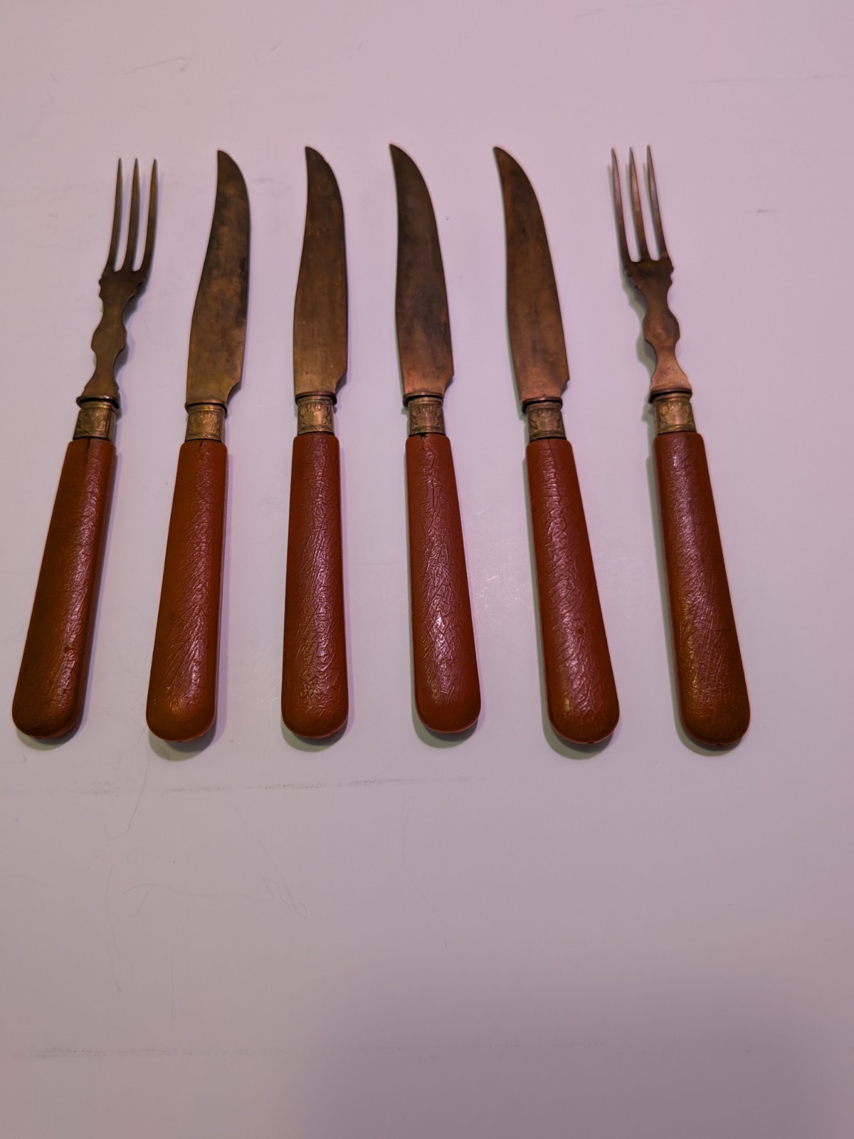 Vintage Red And Brass Fork And Knife Set 6 Ct