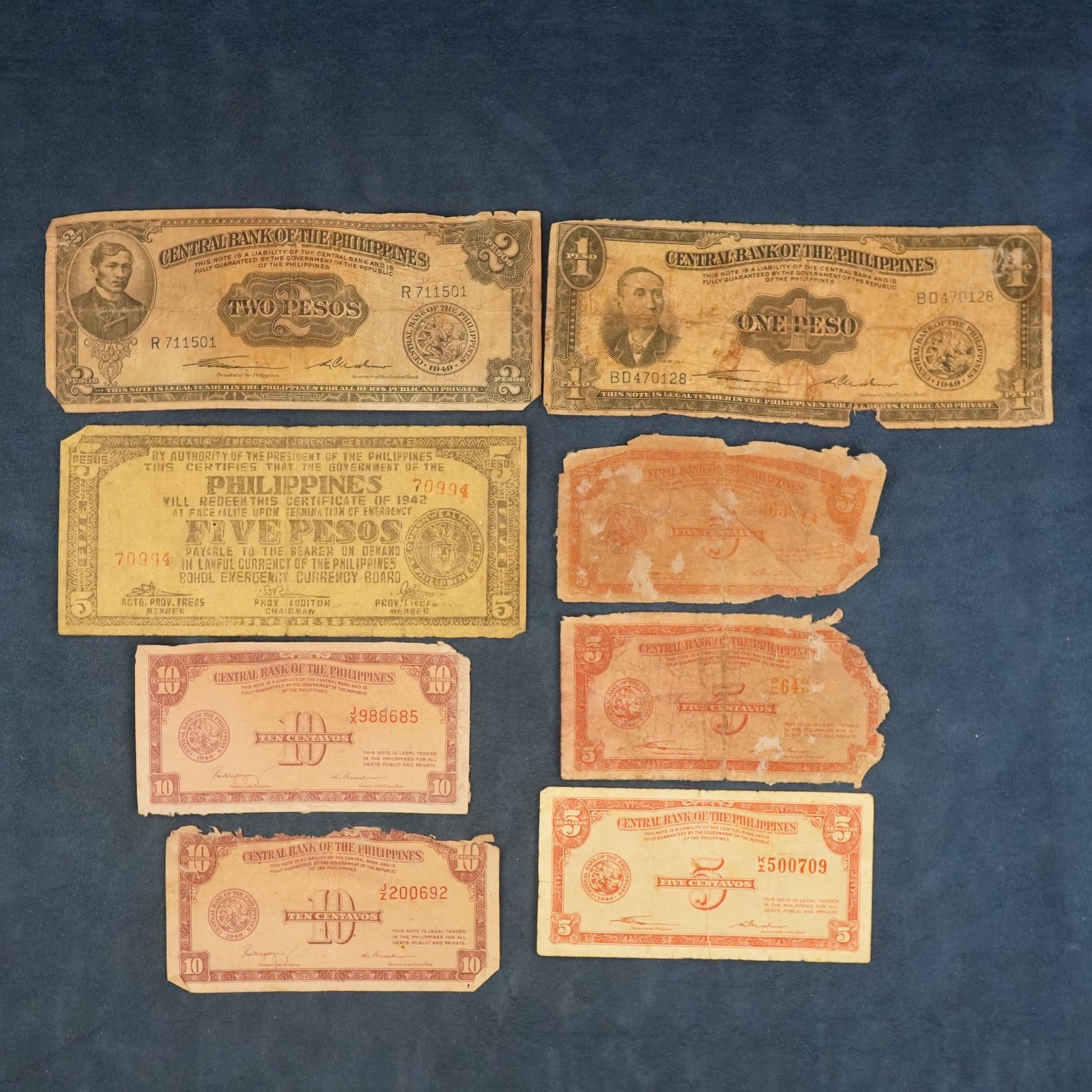 Lot of 8 Central Bank of Philippines Peso Centavo Banknotes - Free Shipping USA