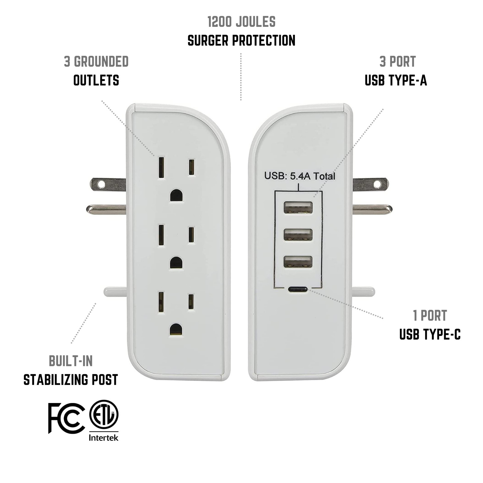 [24 PCS] CP 3 Side-Outlet 1200 Joule Wall-Tap, 3 USB-A, 1 USB-C Ports, CP30009