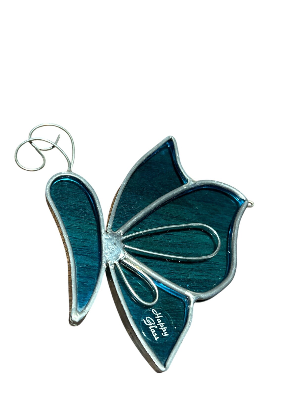Happy Glass Suncatcher Green/Teal Butterfly Glass & Metal 4.5”