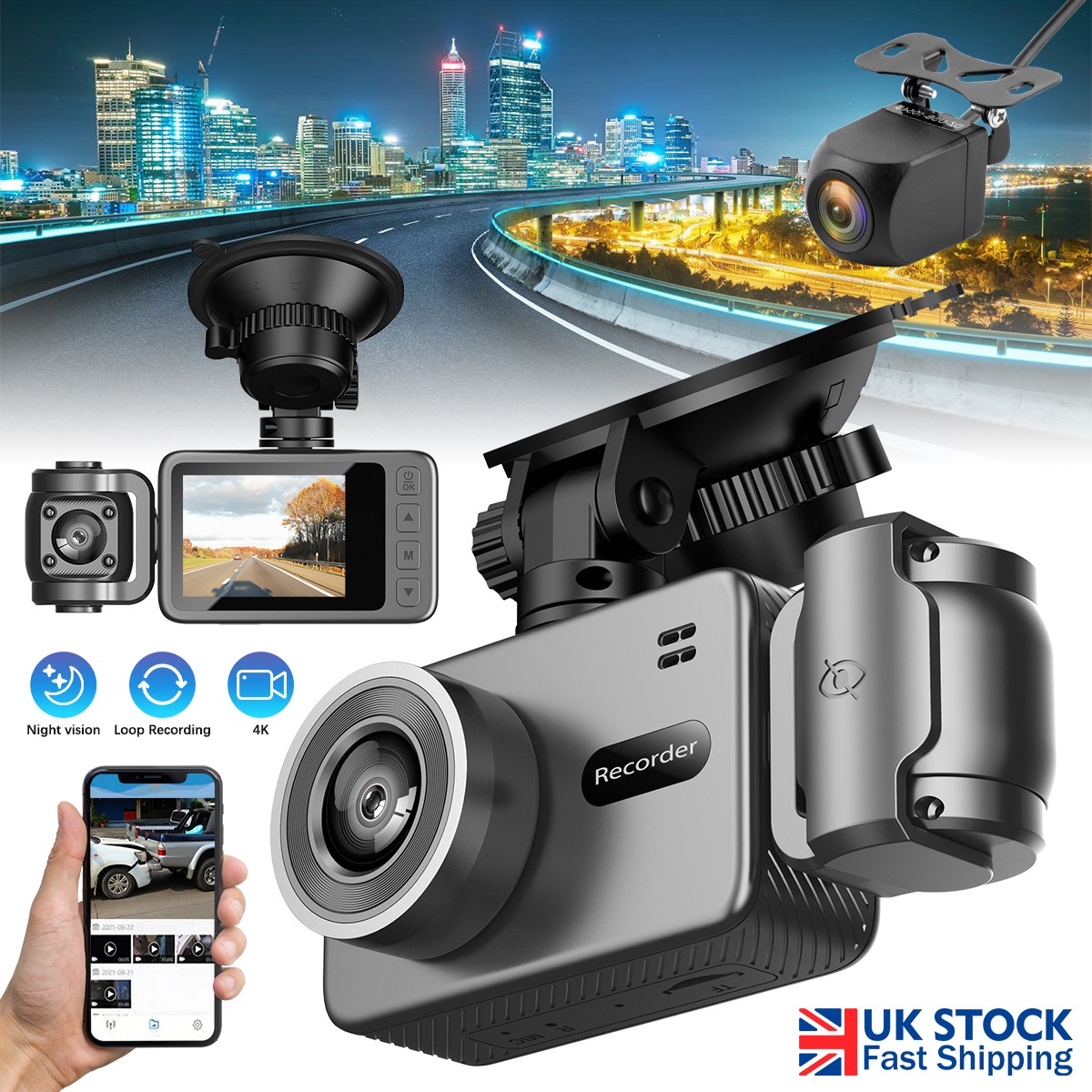 Built in WiFi 4K HD Dash Cams Front and Rear View 120° Car Camera Night Vision