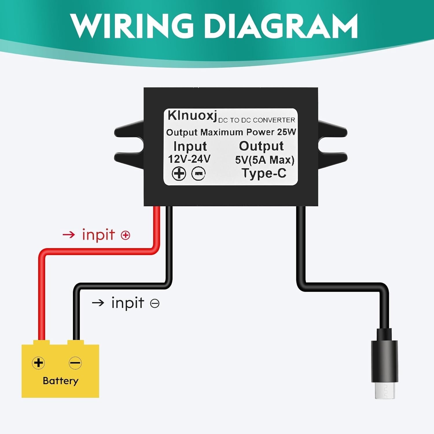 "DC 12V/24V to 5V USB C Step Down Converter Type-C Interface 5A 25W Waterproof.