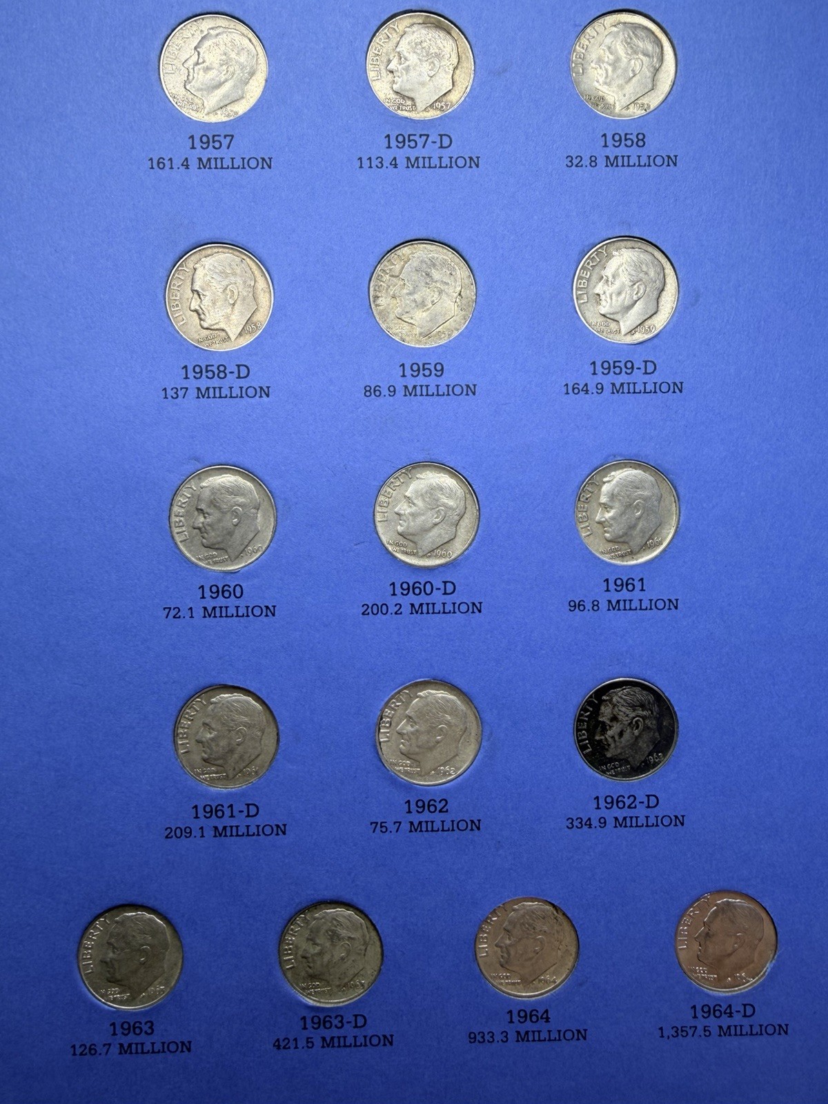 Complete Roosevelt Dime Set 1946-1964 Whitman Folder 90% Silver All PDS