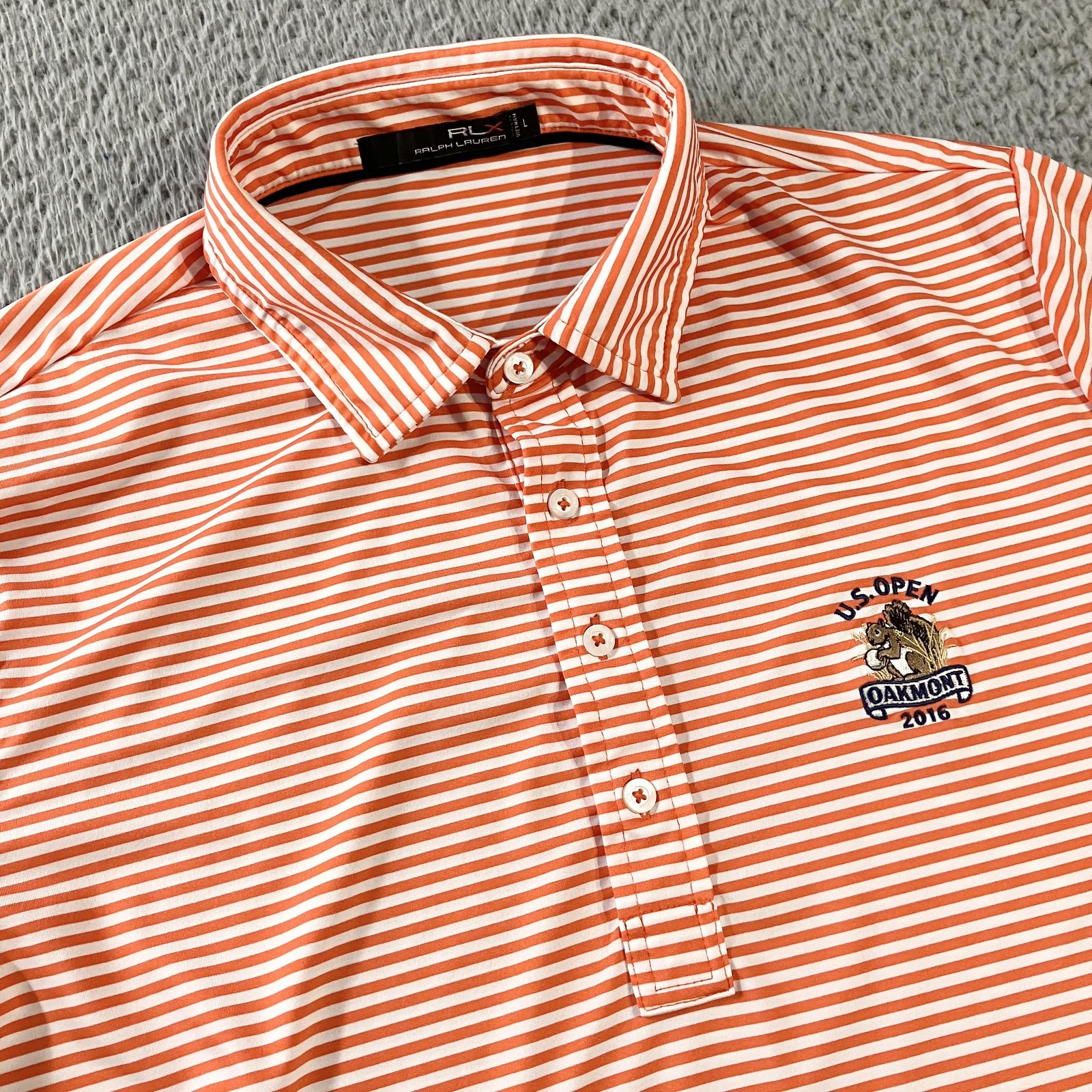 RLX Ralph Lauren Shirt Mens Large Orange Stripe Golf Polo 2016 U.S. Open Oakmont
