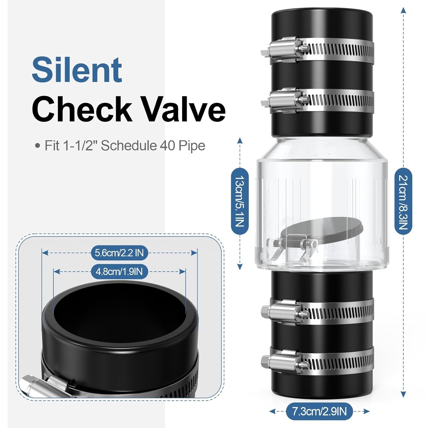 Silent Check Valve 1-1/2 Inch with Clear Body & Spring-Loaded Flapper