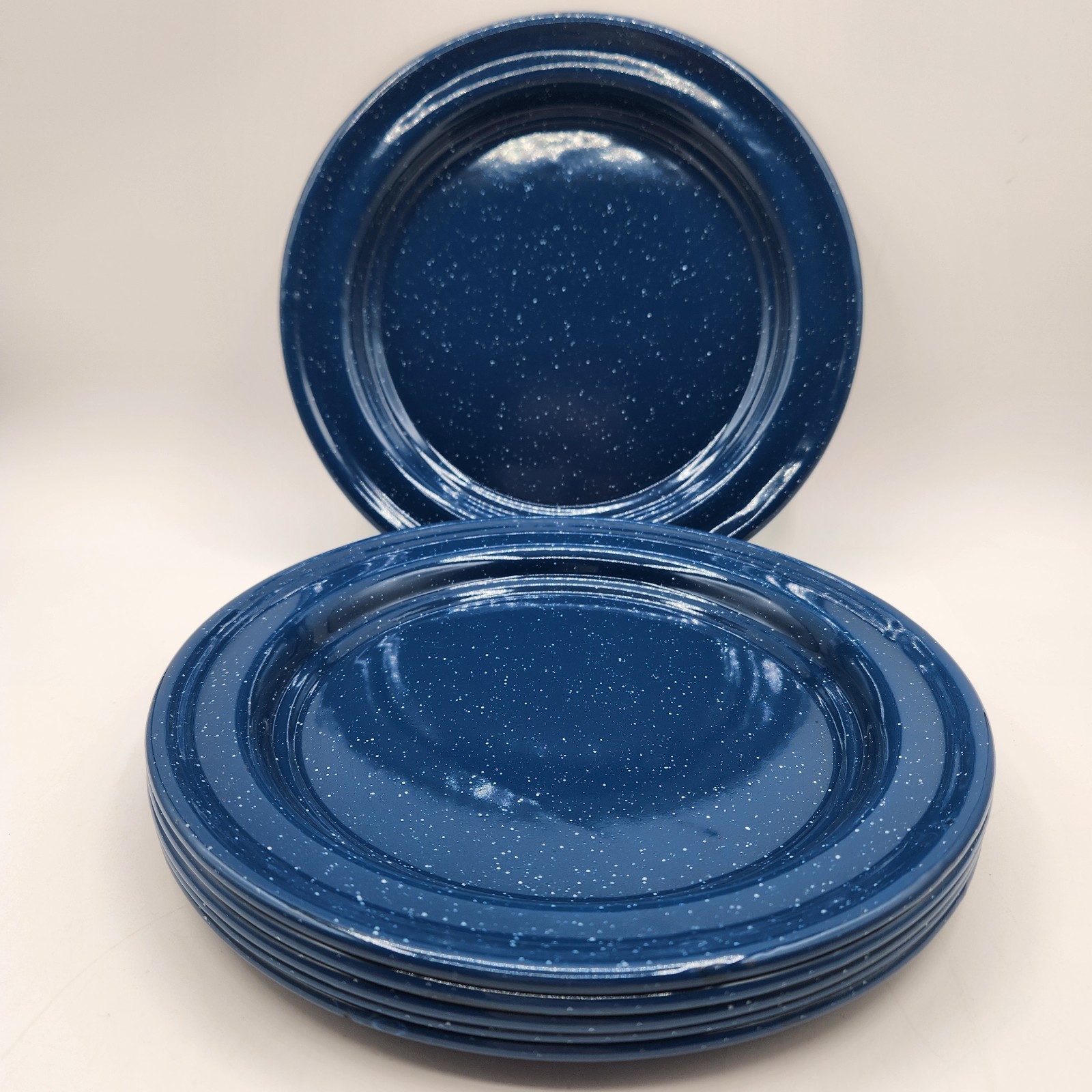 Blue & White Speckled Enamelware 8.5" Plates Lot of 6 Camping Cabin Rustic