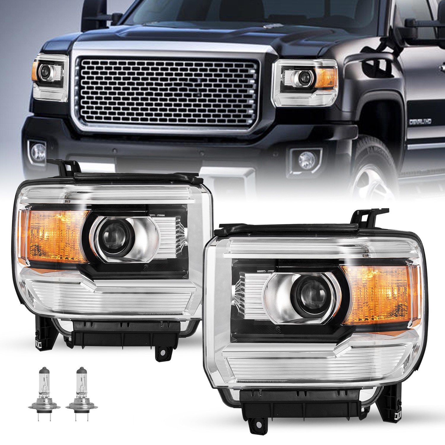 Pair For 2014-2015 GMC Sierra 1500 / 2500HD 3500HD 15-19 Projector Headlights