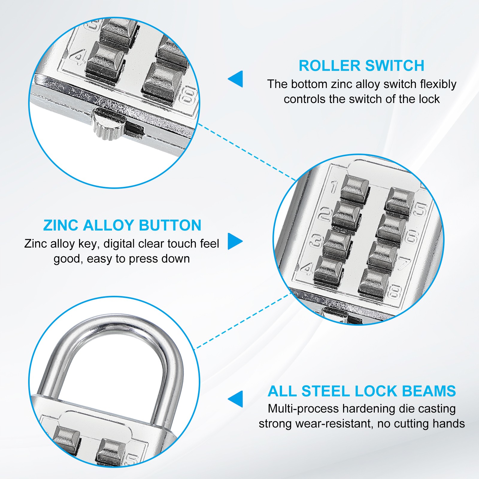 3Pcs Push Button Combination Padlock 8-Digit 4-Position Lock Silver