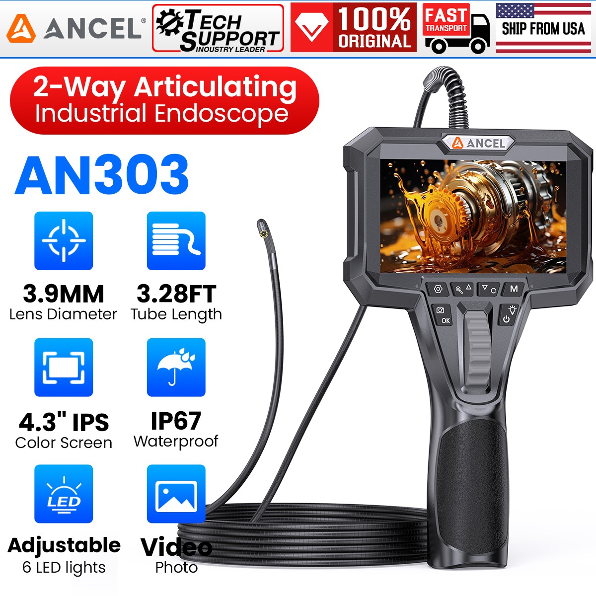 ANCEL AN303 210° Articulating Borescope Industrial Endoscope Inspection Camera