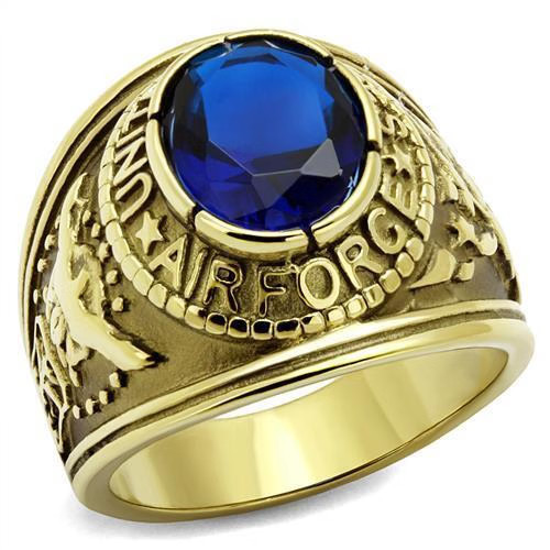 Men's US Air Force Ring, Blue Glass, 14K Gold Plated, Stainless Steel, Veteran