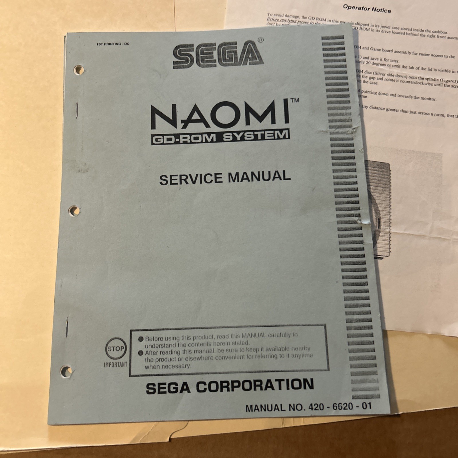Original Factory Naomi Gd Rom Service Sega arcade Video game manual