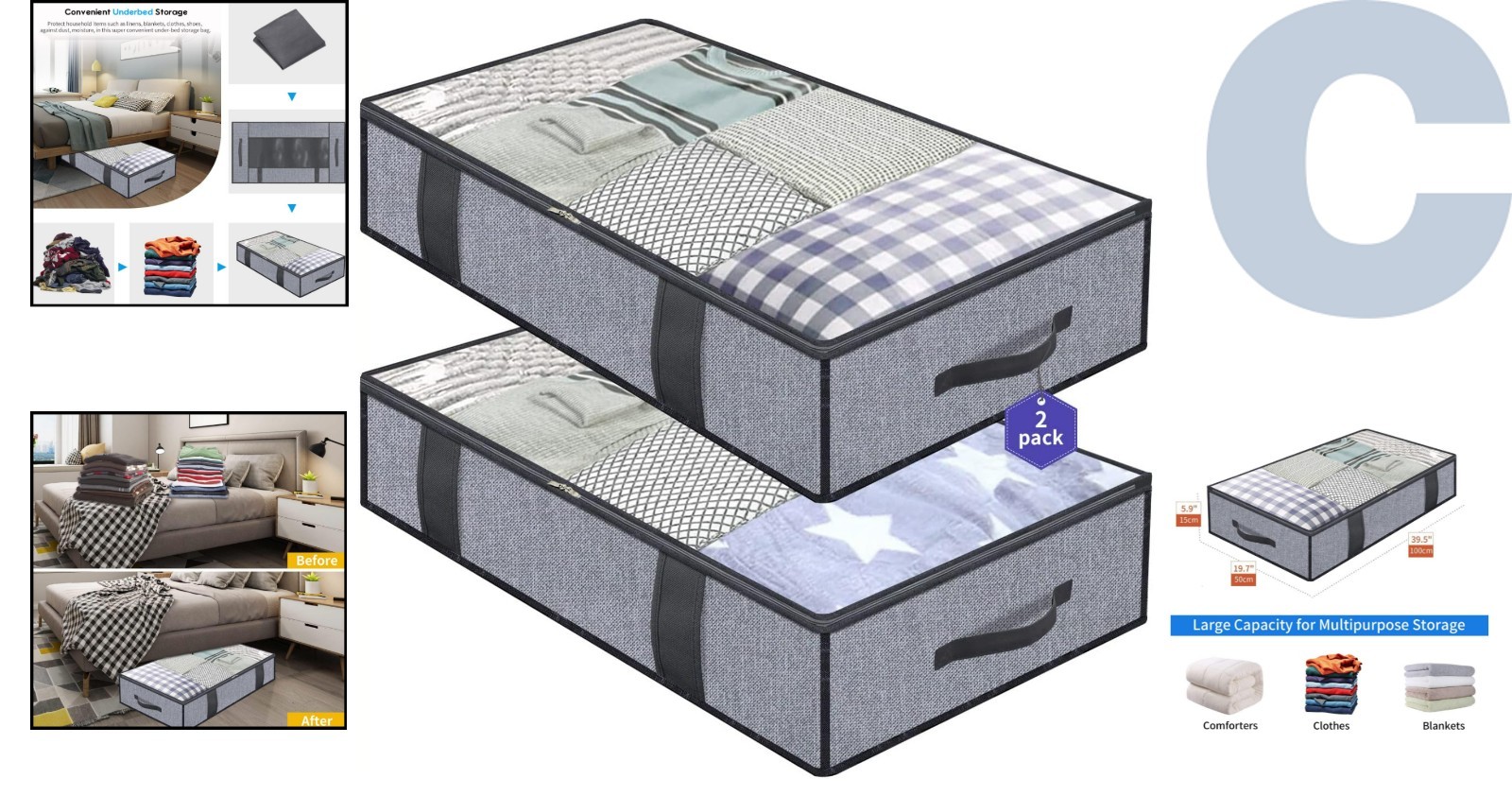 Eco-Friendly Underbed Storage Solutions - Foldable Zippered Bags, 2 Pack