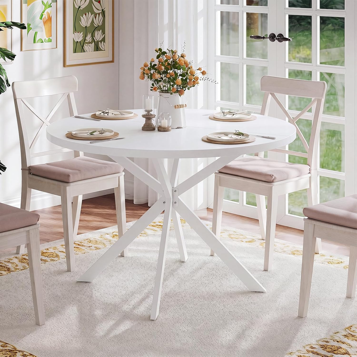 47.2 Inch round Dining Table for 4 | Farmhouse Wood Kitchen Table, Circle Dinner