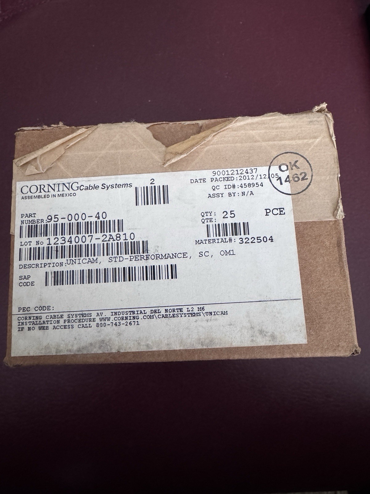 25 Pack - Corning Cable Systems LANscape UniCam SC Fiber Connector 95-000-40