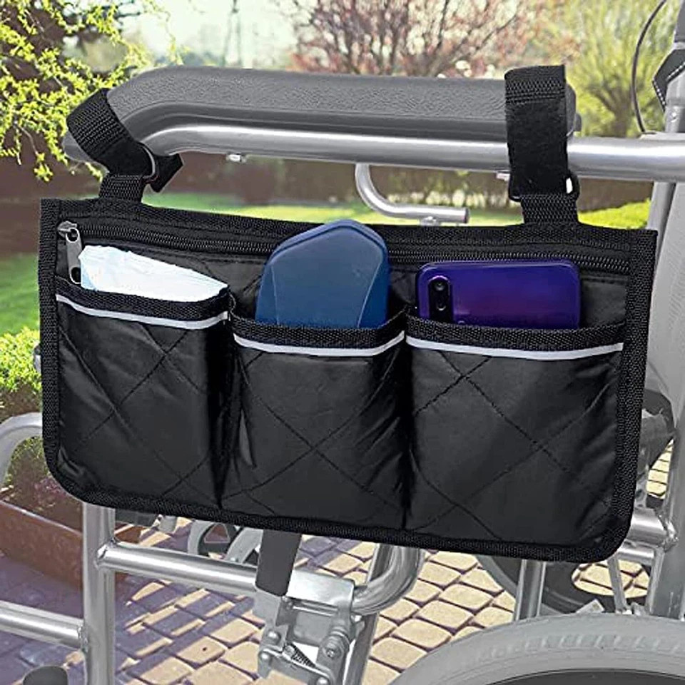 Wheelchair Side Bag Armrest Storage Pouch with Cup Holder, Hanging Organizer