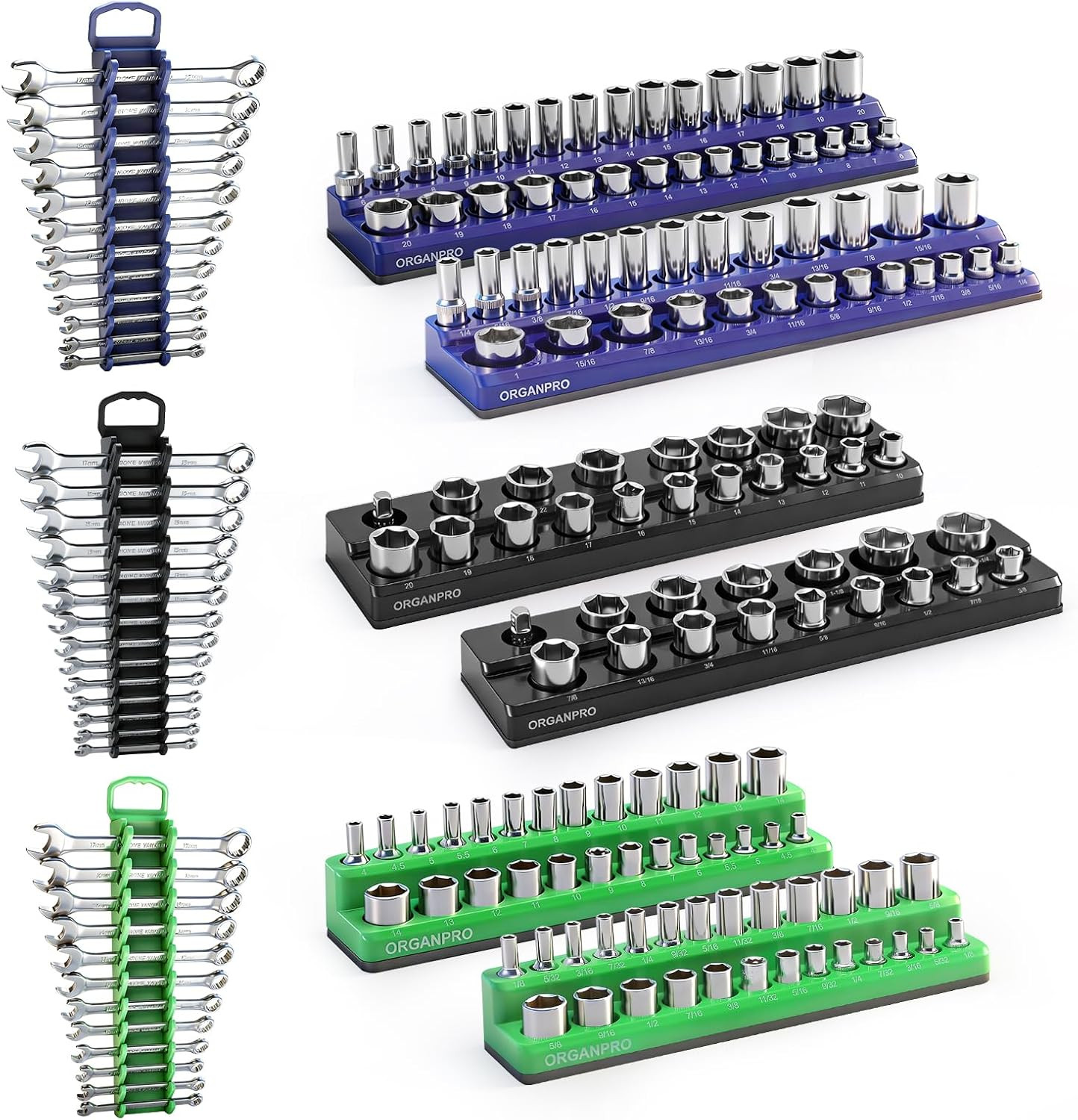 9PCS Magnetic Socket Organizer & Magnetic Wrench Organizer Set, 3 Colors Socket