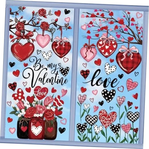 Valentine's Day Window Cling Red Black Pink Heart Plant Rose Flower Floral