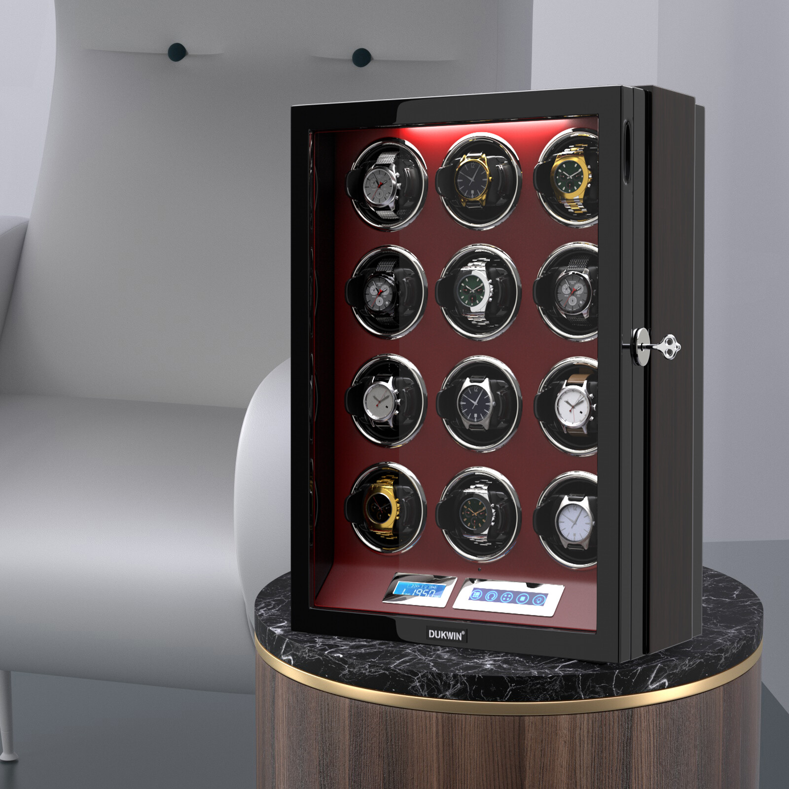 Automatic 12 Watch Winder Rotating Display Box LCD Touch Screen Display Case LED