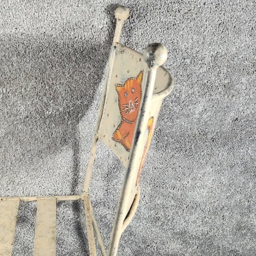 Child's Metal Chair Cream Orange Hand Painted Cat Vintage Whimsical Kids Size