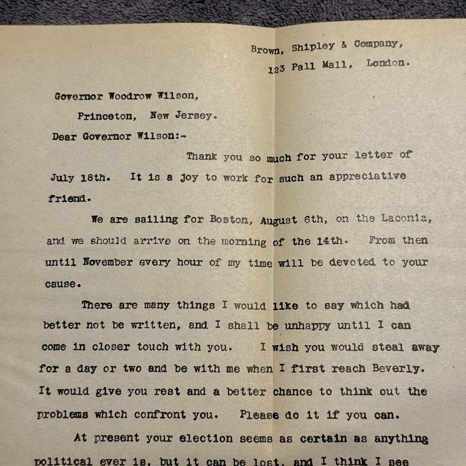 1912 E.M. House Signed Letter to Woodrow Wilson Presidential Election Campaign