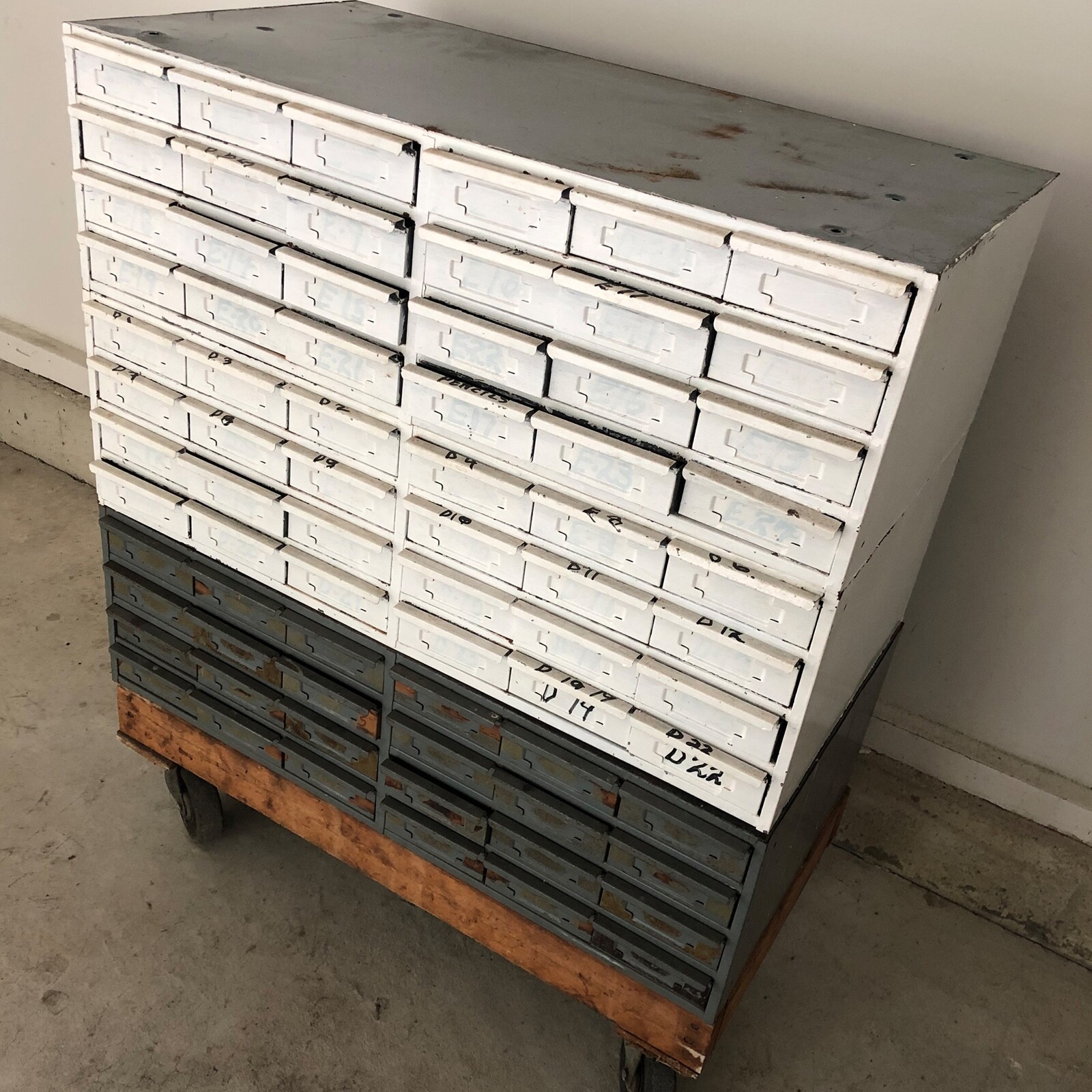 Vintage 72 Drawer Steel Industrial Metal Storage Cabinets, 3 Sections 24 Drawers