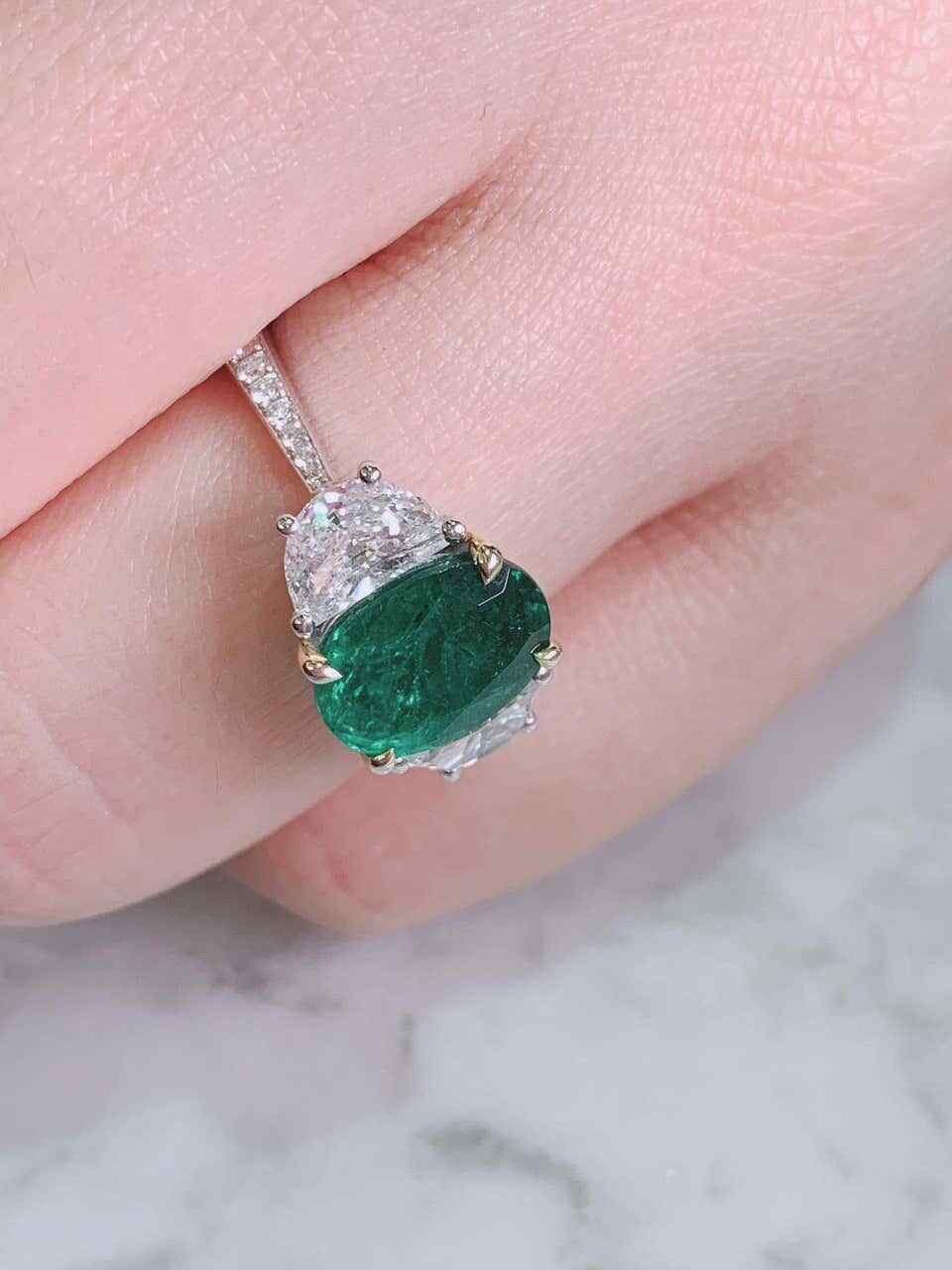 Lab-Created Forest Green 2.3CT Emerald & Two Half Moon Shape CZ Three Stone Ring