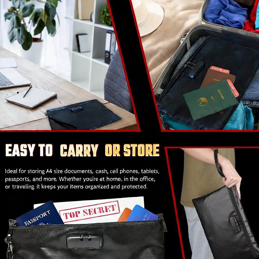 Fireproof Money Bag with Lock Waterproof Document Pouch Safe Storage Travel Case