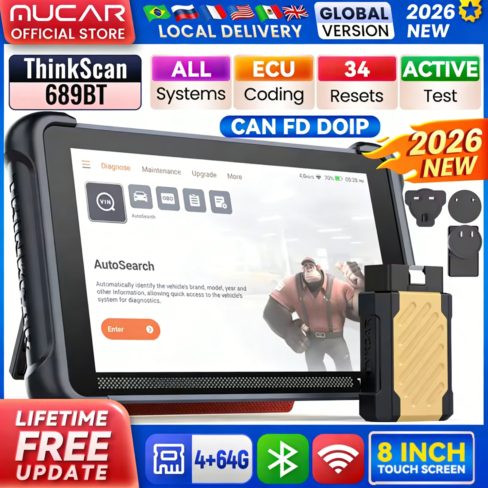 THINKSCAN 689BT OBD2 Diagnostic Tool DOIP CANFD Bidirectional ECU Coding ABS SAS