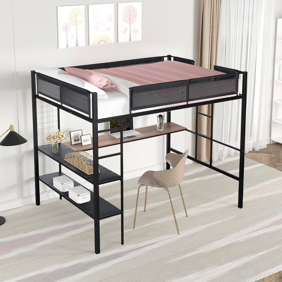 Full Size Metal Loft Bed - Built-in Desk, Noise-Free Wood Slats