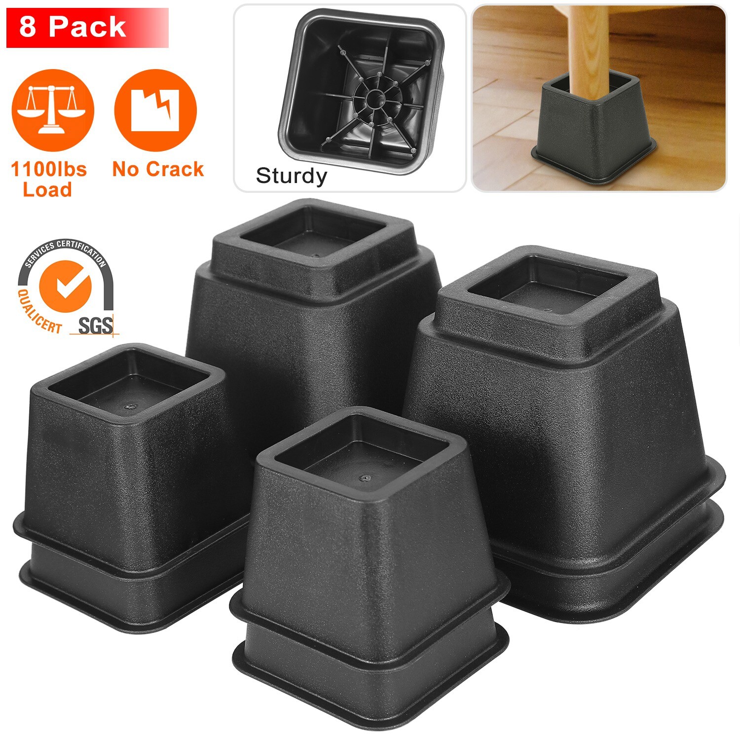 8Pcs Furniture Risers 500kg 1100lbs Capacity Bed Lifters Adjustable Chair Risers