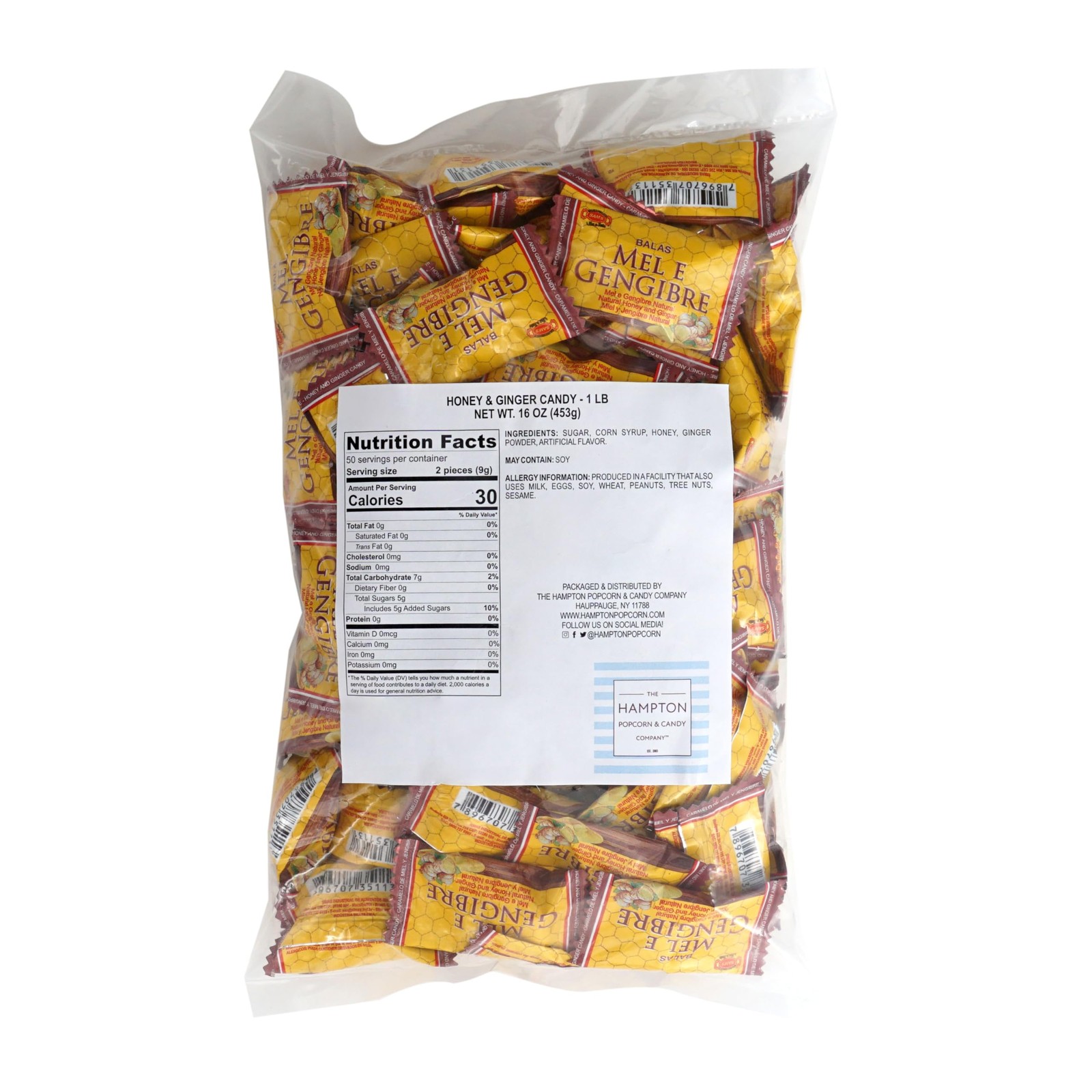 Honey and Ginger Hard Candy, 1 Pound Bulk Bag, Individually Wrapped, 1